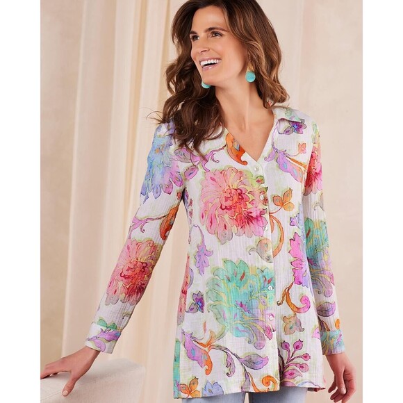 Soft Surroundings Tops - Soft Surroundings Escambia Gauze Tunic Shirt Multi XS Painterly Floral Collared